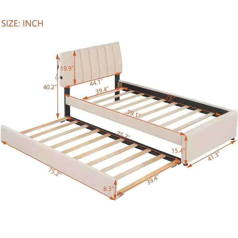 GDFStudio Walton Teddy Fleece Twin Size Upholstered Platform Bed with Pull-Out Trundle and LED Lights