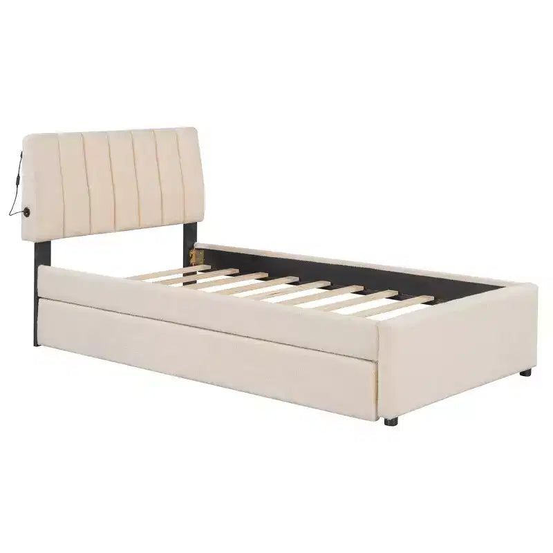 GDFStudio Walton Teddy Fleece Twin Size Upholstered Platform Bed with Pull-Out Trundle and LED Lights