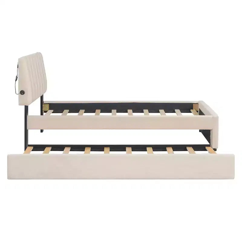 GDFStudio Walton Teddy Fleece Twin Size Upholstered Platform Bed with Pull-Out Trundle and LED Lights