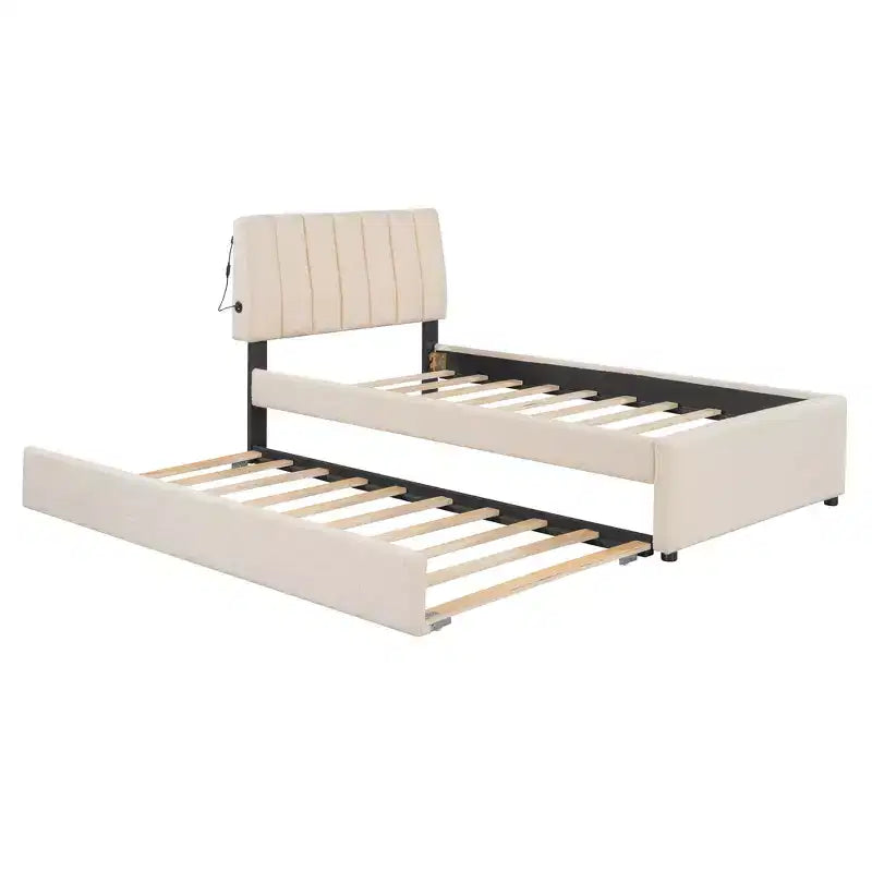 GDFStudio Walton Teddy Fleece Twin Size Upholstered Platform Bed with Pull-Out Trundle and LED Lights