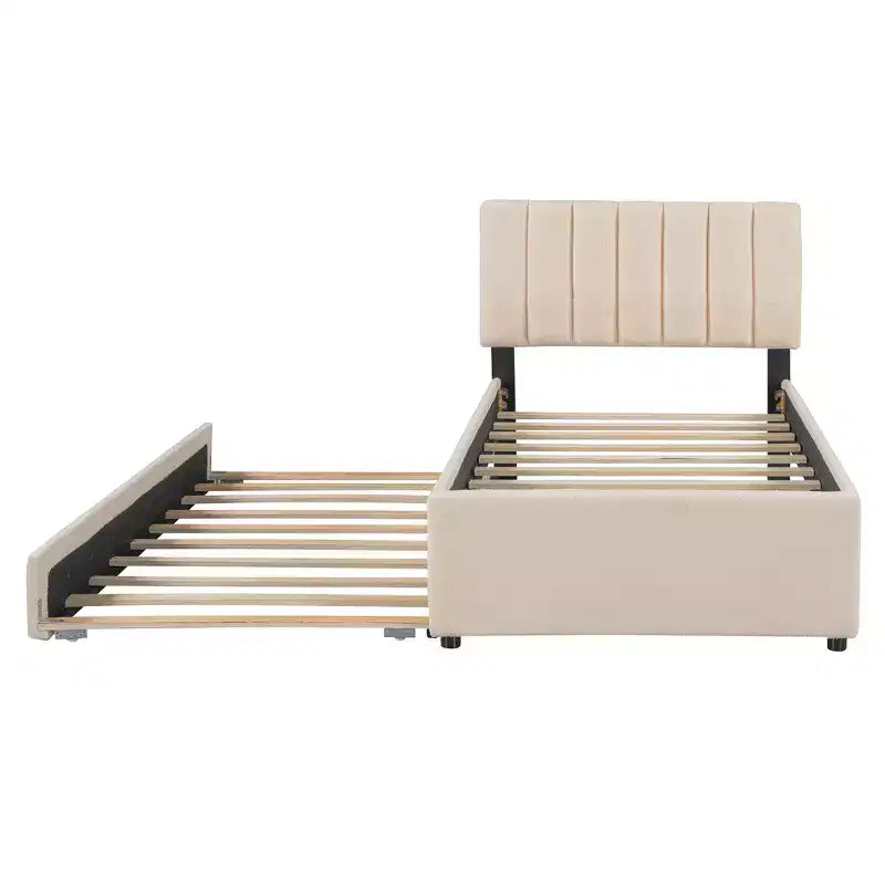 GDFStudio Walton Teddy Fleece Twin Size Upholstered Platform Bed with Pull-Out Trundle and LED Lights