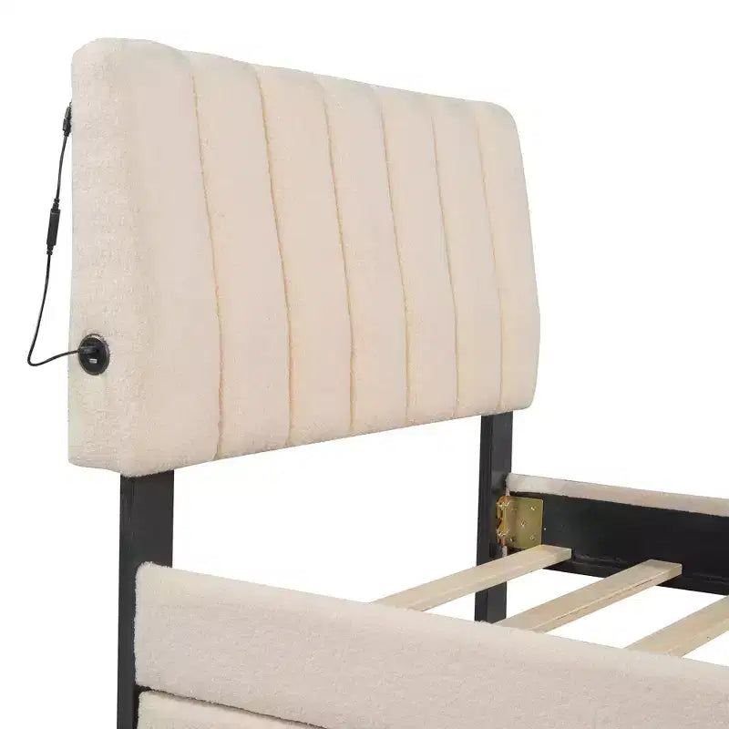 GDFStudio Walton Teddy Fleece Twin Size Upholstered Platform Bed with Pull-Out Trundle and LED Lights