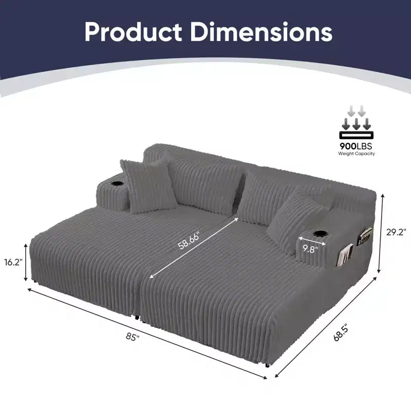 Mjkone 85 Movable Double Chaise Lounge Sofas,Loveseat with Cup Holder,Side Pockets,2 Pcs Oversized Single Sleeper Sofa Chair