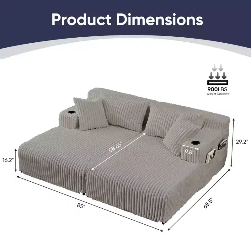 Mjkone 85 Movable Double Chaise Lounge Sofas,Loveseat with Cup Holder,Side Pockets,2 Pcs Oversized Single Sleeper Sofa Chair