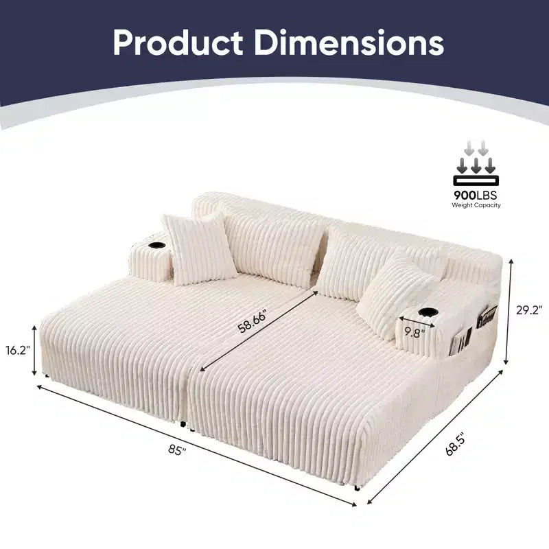 Mjkone 85 Movable Double Chaise Lounge Sofas,Loveseat with Cup Holder,Side Pockets,2 Pcs Oversized Single Sleeper Sofa Chair