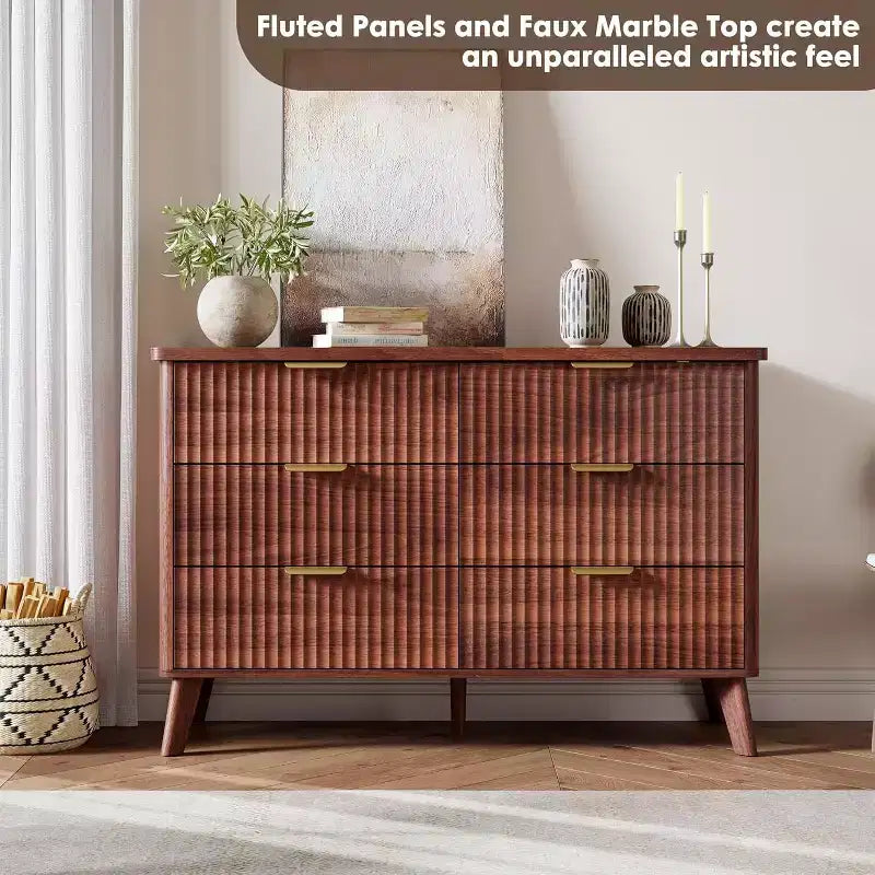 6 Drawers Dresser for Bedroom, 47.2 Wide Dressers with Curved Profile Design