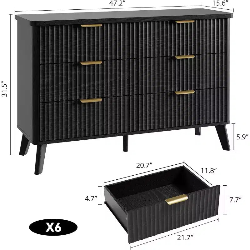 6 Drawers Dresser for Bedroom, 47.2 Wide Dressers with Curved Profile Design