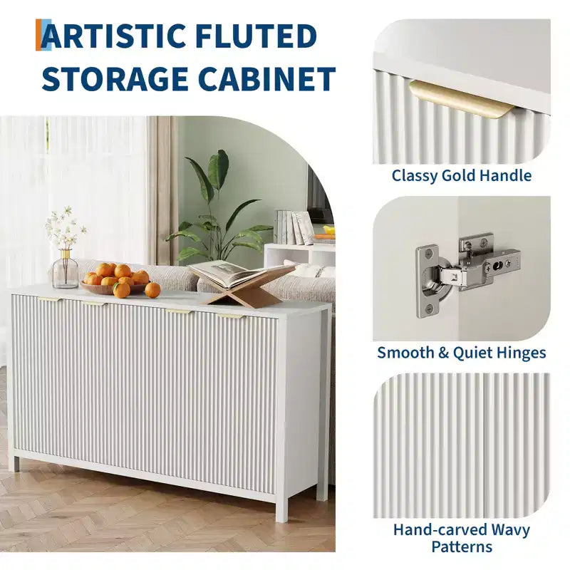 COZONY 55 Modern Fluted Buffet Cabinet with Storage, 4-Door Wooden Sideboard Credenza with Adjustable Shelf for Dining Room, Kitchen & Living Room
