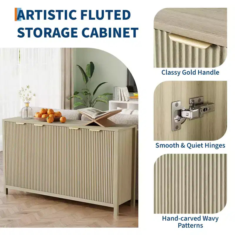 COZONY 55 Modern Fluted Buffet Cabinet with Storage, 4-Door Wooden Sideboard Credenza with Adjustable Shelf for Dining Room, Kitchen & Living Room