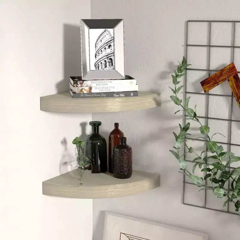 Corner Shelf Set of 2 Oak Honeycomb MDF, Metal 9.8x9.8x1.5 in