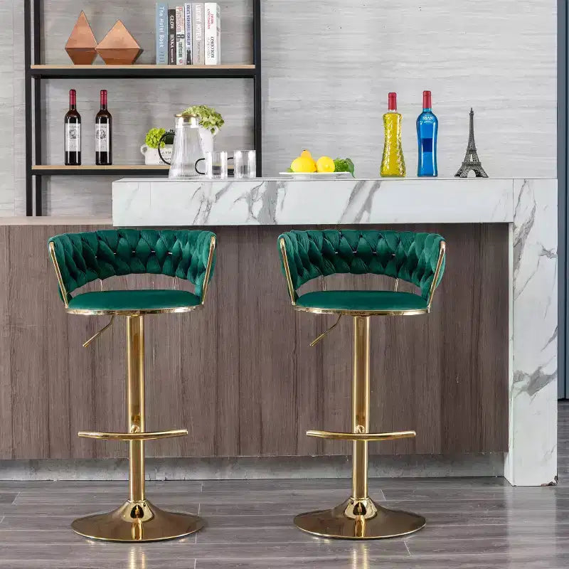 Okak Velvet Bar Stools with Chrome Footrest and Base Set of 2, Swivel Barstools with Adjustable Mechanical Lifting, Counter Height Stools