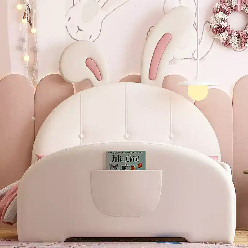 Twin Size Upholstered Bed, Rabbit Shape Princess Bed Frame for Boys and Girls, Twin Size Platform Bed with Headboard and End Panel for Kids