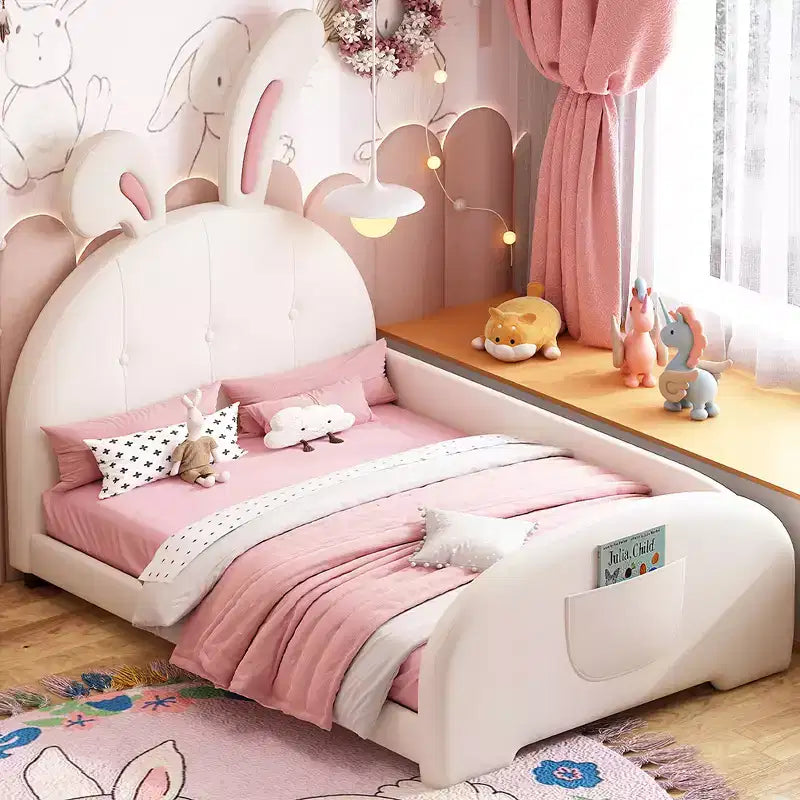 Twin Size Upholstered Bed, Rabbit Shape Princess Bed Frame for Boys and Girls, Twin Size Platform Bed with Headboard and End Panel for Kids