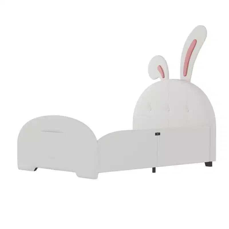 Twin Size Upholstered Bed, Rabbit Shape Princess Bed Frame for Boys and Girls, Twin Size Platform Bed with Headboard and End Panel for Kids