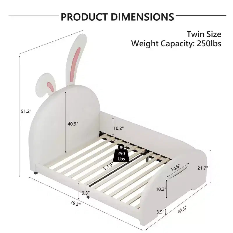 Twin Size Upholstered Bed, Rabbit Shape Princess Bed Frame for Boys and Girls, Twin Size Platform Bed with Headboard and End Panel for Kids