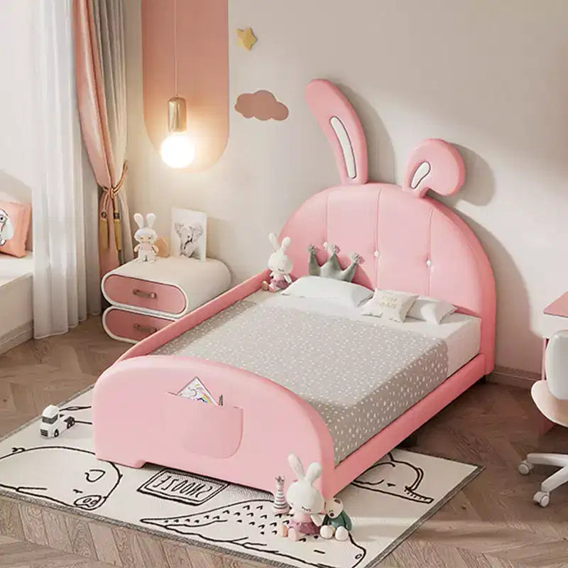 Twin Size Upholstered Bed, Rabbit Shape Princess Bed Frame for Boys and Girls, Twin Size Platform Bed with Headboard and End Panel for Kids