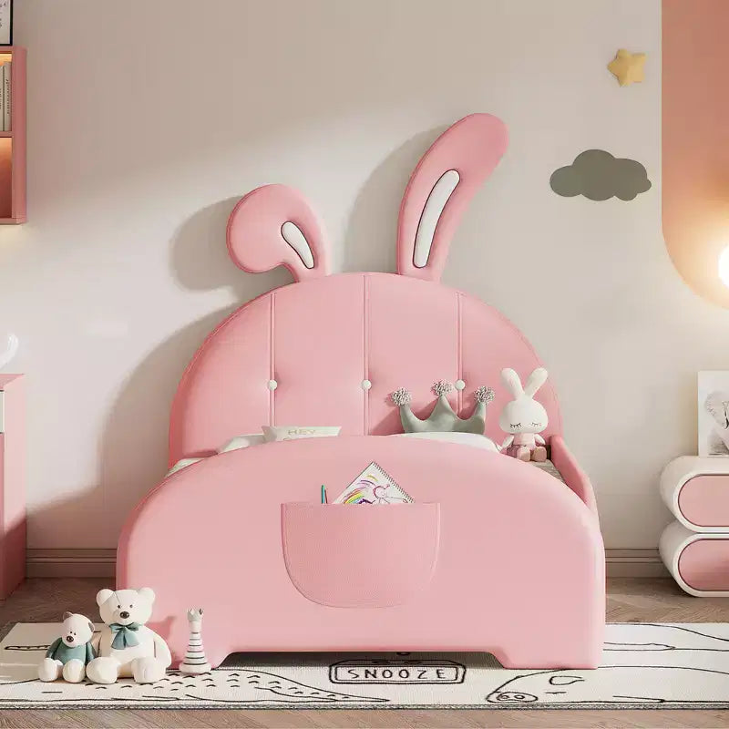Twin Size Upholstered Bed, Rabbit Shape Princess Bed Frame for Boys and Girls, Twin Size Platform Bed with Headboard and End Panel for Kids