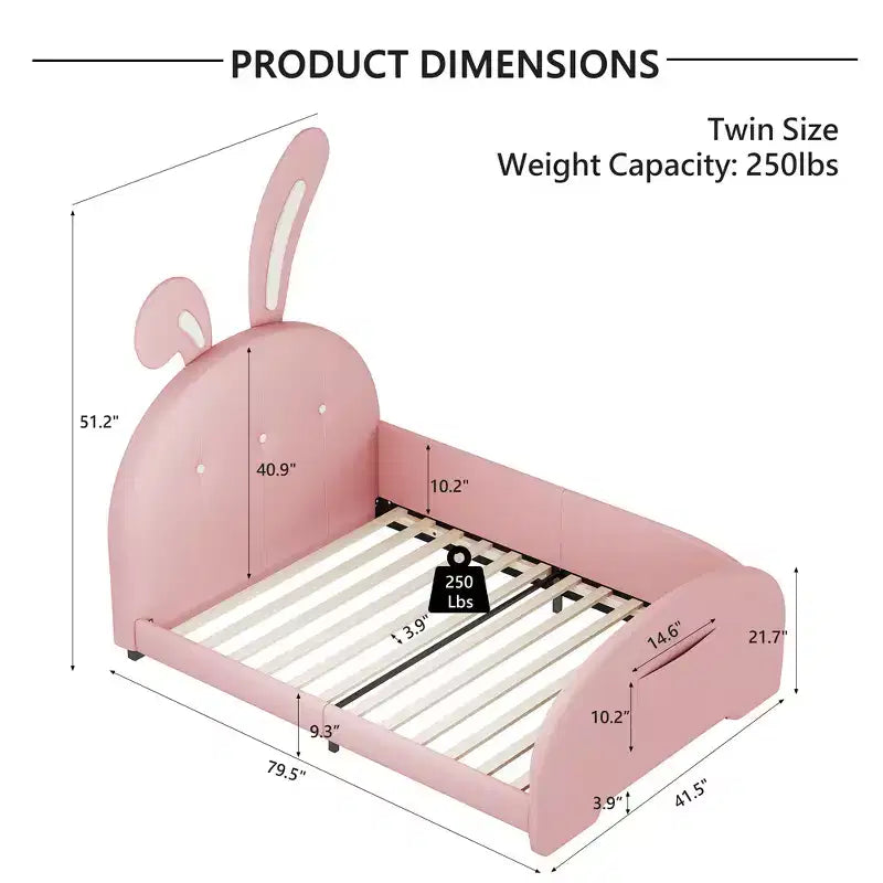 Twin Size Upholstered Bed, Rabbit Shape Princess Bed Frame for Boys and Girls, Twin Size Platform Bed with Headboard and End Panel for Kids