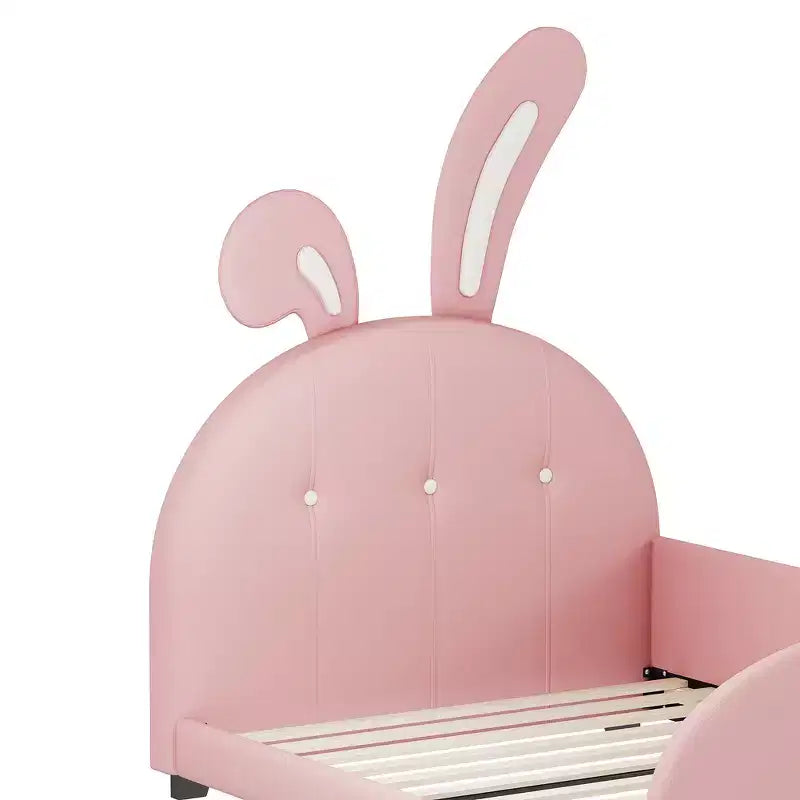 Twin Size Upholstered Bed, Rabbit Shape Princess Bed Frame for Boys and Girls, Twin Size Platform Bed with Headboard and End Panel for Kids