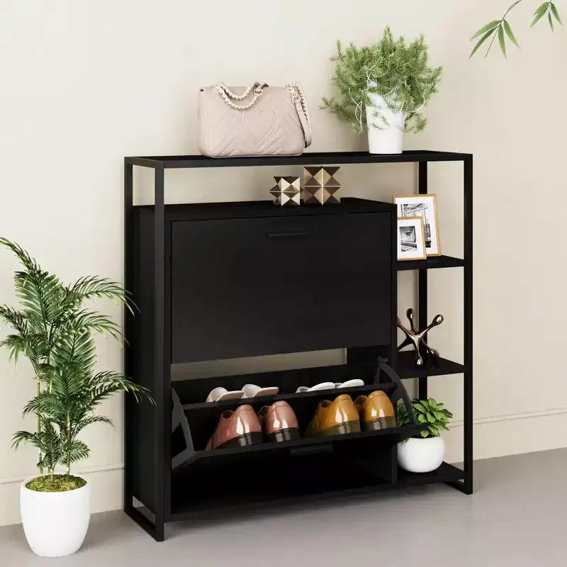 eHemco 2-Door Shoe Cabinet with 4 Shelves, Modern Storage Organizer, Black Metal Frame, 2 Flip Drawers