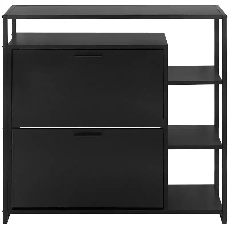 eHemco 2-Door Shoe Cabinet with 4 Shelves, Modern Storage Organizer, Black Metal Frame, 2 Flip Drawers