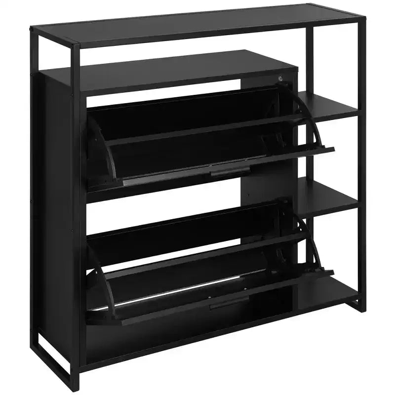 eHemco 2-Door Shoe Cabinet with 4 Shelves, Modern Storage Organizer, Black Metal Frame, 2 Flip Drawers