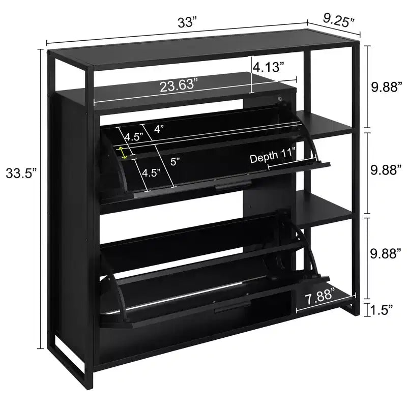 eHemco 2-Door Shoe Cabinet with 4 Shelves, Modern Storage Organizer, Black Metal Frame, 2 Flip Drawers