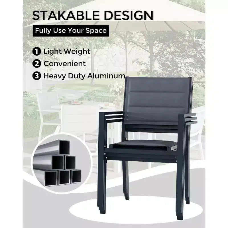 Stackable patio chairs, outdoor aluminum alloy dining chairs with armrests, wide seat, suitable for balconies, gardens, and backyards.