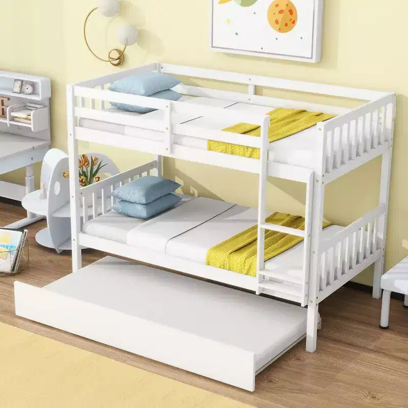 MAYEERTY Twin Rubber Wood Bunk Bed with Trundle Twin Bunk Bed with Ladder and Safety Guardrails White
