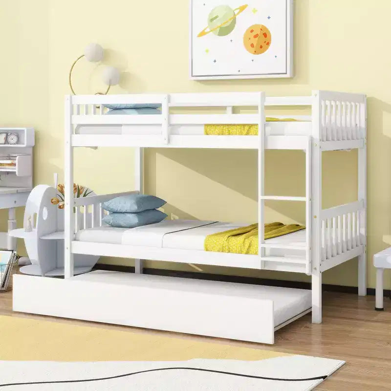 MAYEERTY Twin Rubber Wood Bunk Bed with Trundle Twin Bunk Bed with Ladder and Safety Guardrails White