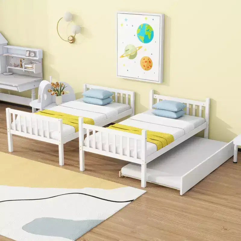 MAYEERTY Twin Rubber Wood Bunk Bed with Trundle Twin Bunk Bed with Ladder and Safety Guardrails White