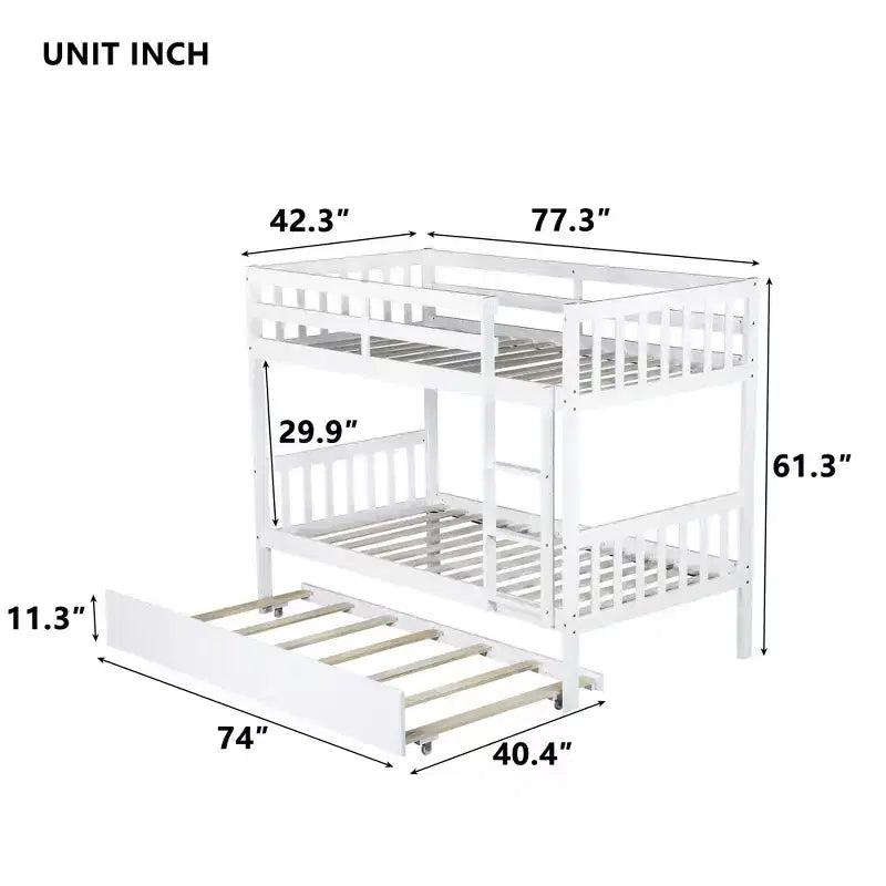 MAYEERTY Twin Rubber Wood Bunk Bed with Trundle Twin Bunk Bed with Ladder and Safety Guardrails White