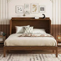 MAYEERTY Queen Size Murphy Bed Pine Wood Cabinet Bed with Power Station and Rattan Decoration Panel Walnut for Bedroom