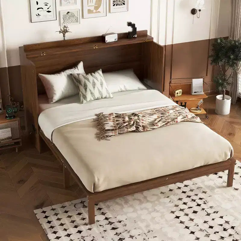MAYEERTY Queen Size Murphy Bed Pine Wood Cabinet Bed with Power Station and Rattan Decoration Panel Walnut for Bedroom