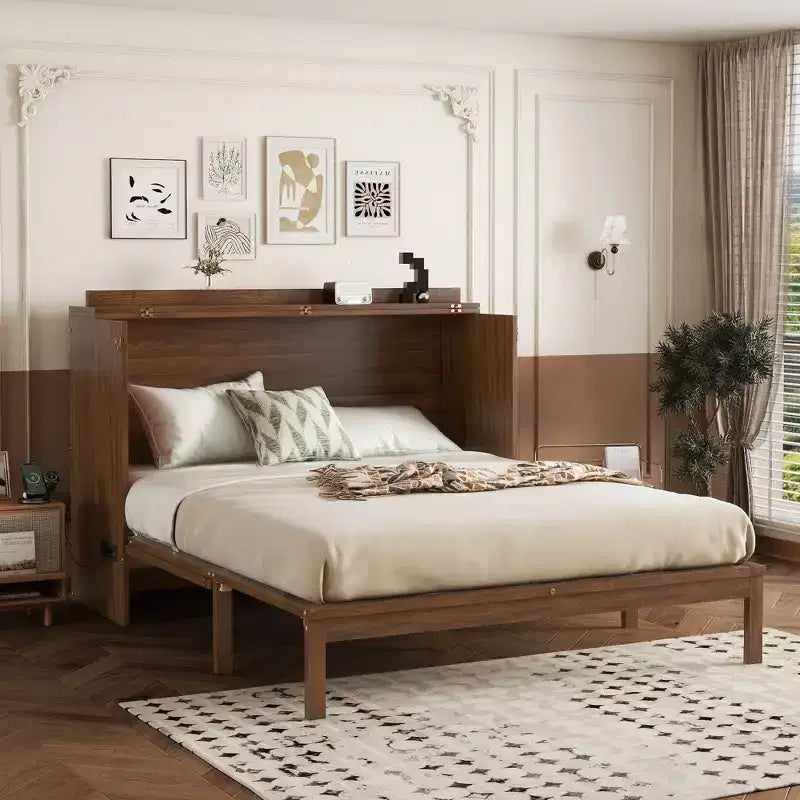 MAYEERTY Queen Size Murphy Bed Pine Wood Cabinet Bed with Power Station and Rattan Decoration Panel Walnut for Bedroom