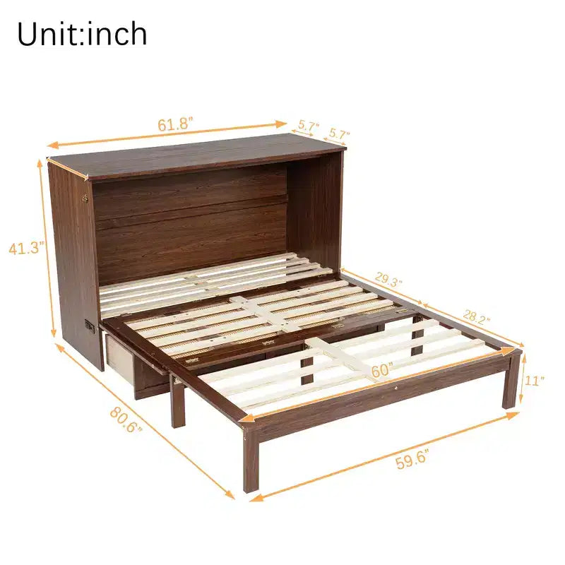 MAYEERTY Queen Size Murphy Bed Pine Wood Cabinet Bed with Power Station and Rattan Decoration Panel Walnut for Bedroom