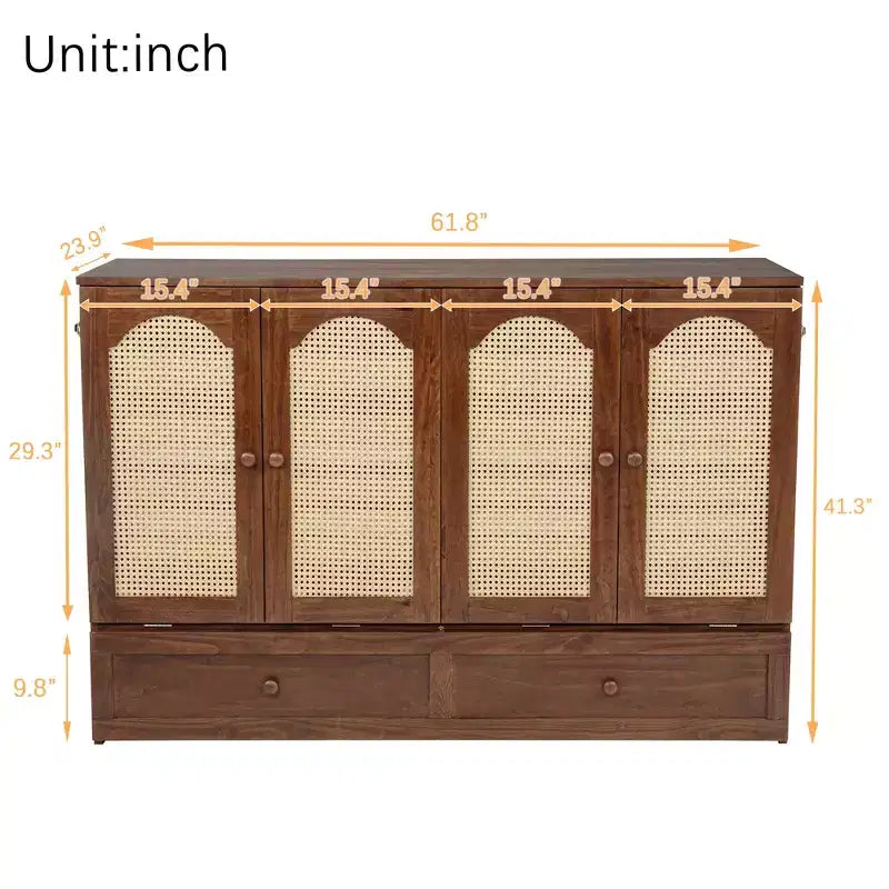 MAYEERTY Queen Size Murphy Bed Pine Wood Cabinet Bed with Power Station and Rattan Decoration Panel Walnut for Bedroom
