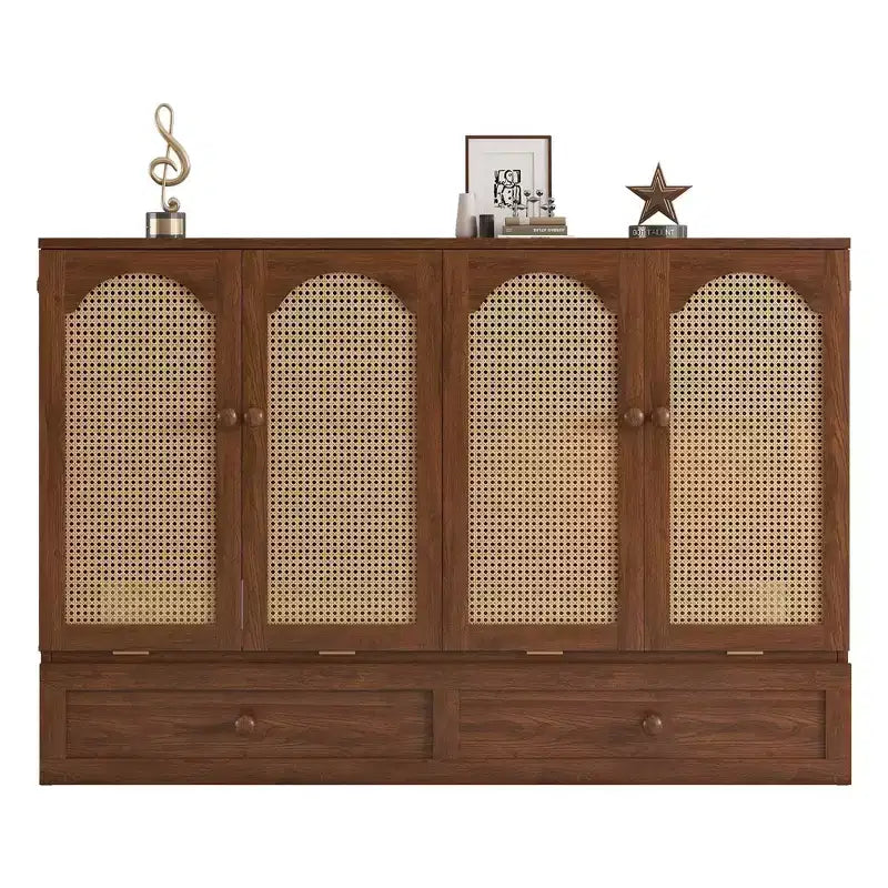 MAYEERTY Queen Size Murphy Bed Pine Wood Cabinet Bed with Power Station and Rattan Decoration Panel Walnut for Bedroom
