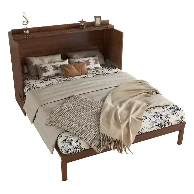 MAYEERTY Queen Size Murphy Bed Pine Wood Cabinet Bed with Power Station and Rattan Decoration Panel Walnut for Bedroom