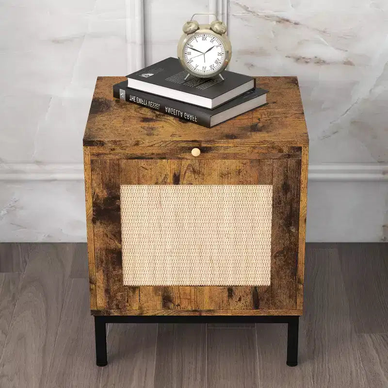 Wooden Bedside Table with Rattan Door, Durable Construction, Stylish Design, for Bedroom, Living Room