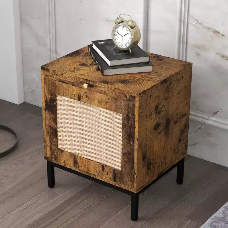 Wooden Bedside Table with Rattan Door, Durable Construction, Stylish Design, for Bedroom, Living Room