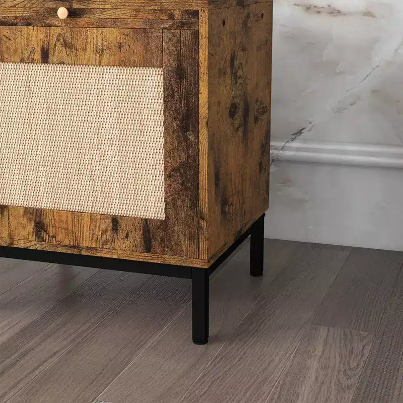 Wooden Bedside Table with Rattan Door, Durable Construction, Stylish Design, for Bedroom, Living Room