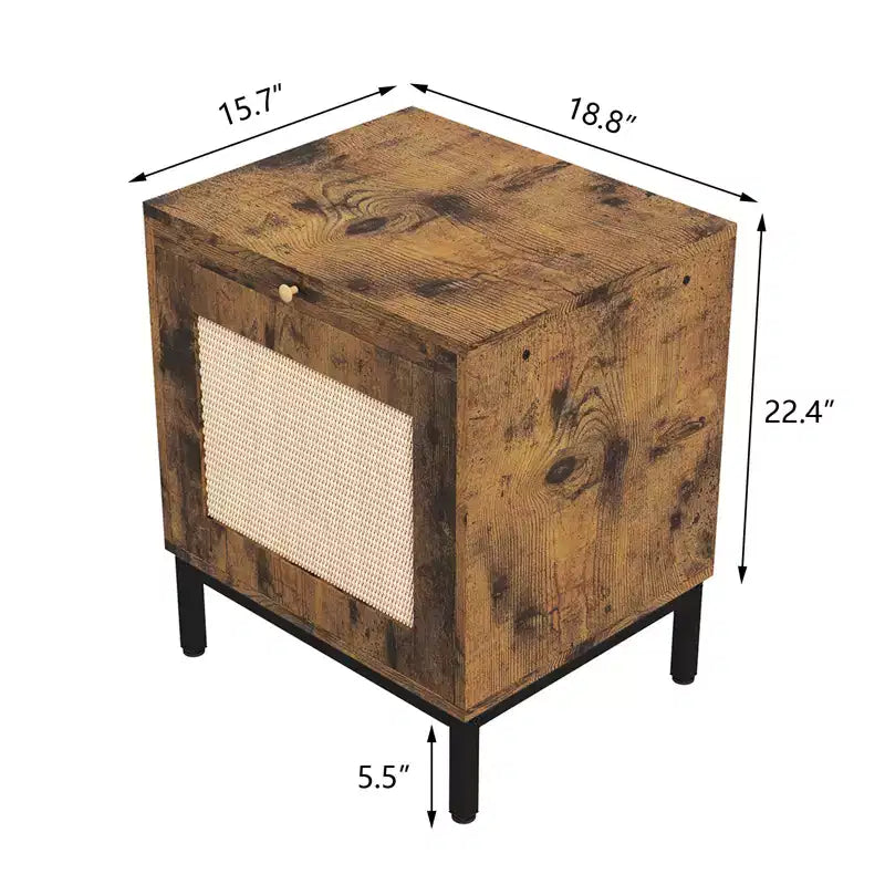 Wooden Bedside Table with Rattan Door, Durable Construction, Stylish Design, for Bedroom, Living Room