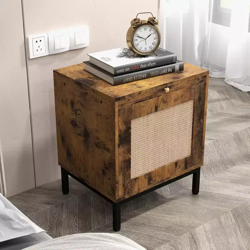 Wooden Bedside Table with Rattan Door, Durable Construction, Stylish Design, for Bedroom, Living Room