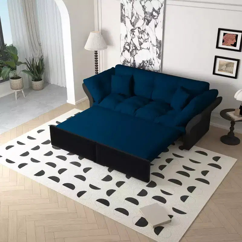 MAYEERTY 74.8 Queen Pull Out Sofa Bed, 3-in-1 Convertible Sleeper Tufted Sofa with 2 Soft Pillows Multifunctional Velvet Loveseat Bed Blue