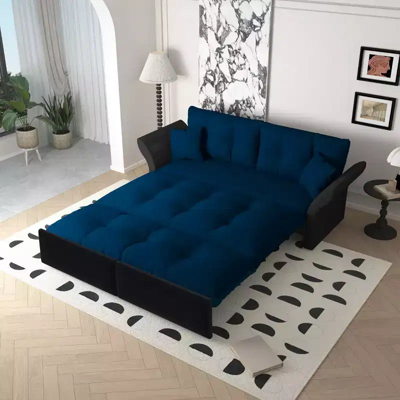 MAYEERTY 74.8 Queen Pull Out Sofa Bed, 3-in-1 Convertible Sleeper Tufted Sofa with 2 Soft Pillows Multifunctional Velvet Loveseat Bed Blue