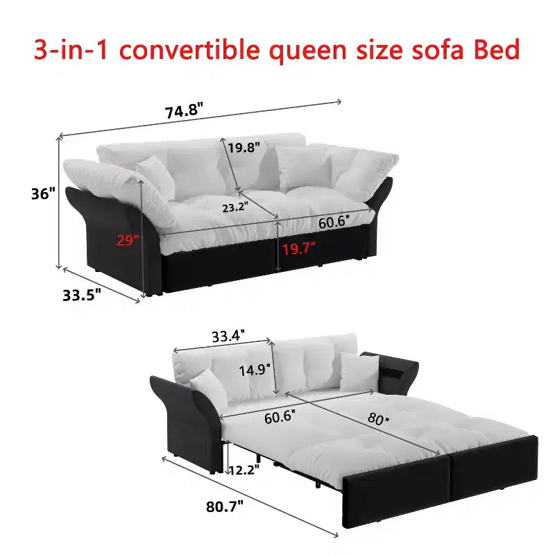 MAYEERTY 74.8 Queen Pull Out Sofa Bed, 3-in-1 Convertible Sleeper Tufted Sofa with 2 Soft Pillows Multifunctional Velvet Loveseat Bed Blue