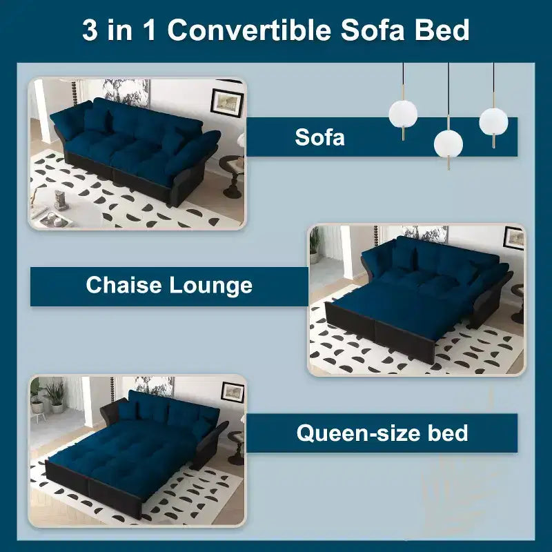 MAYEERTY 74.8 Queen Pull Out Sofa Bed, 3-in-1 Convertible Sleeper Tufted Sofa with 2 Soft Pillows Multifunctional Velvet Loveseat Bed Blue