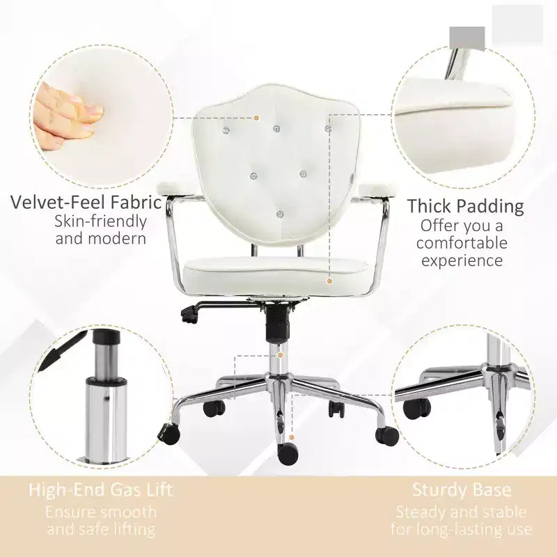 Cute Office Chair, Desk Chair with Button Tufted Velvet-feel Fabric, Swivel Computer Vanity Chair