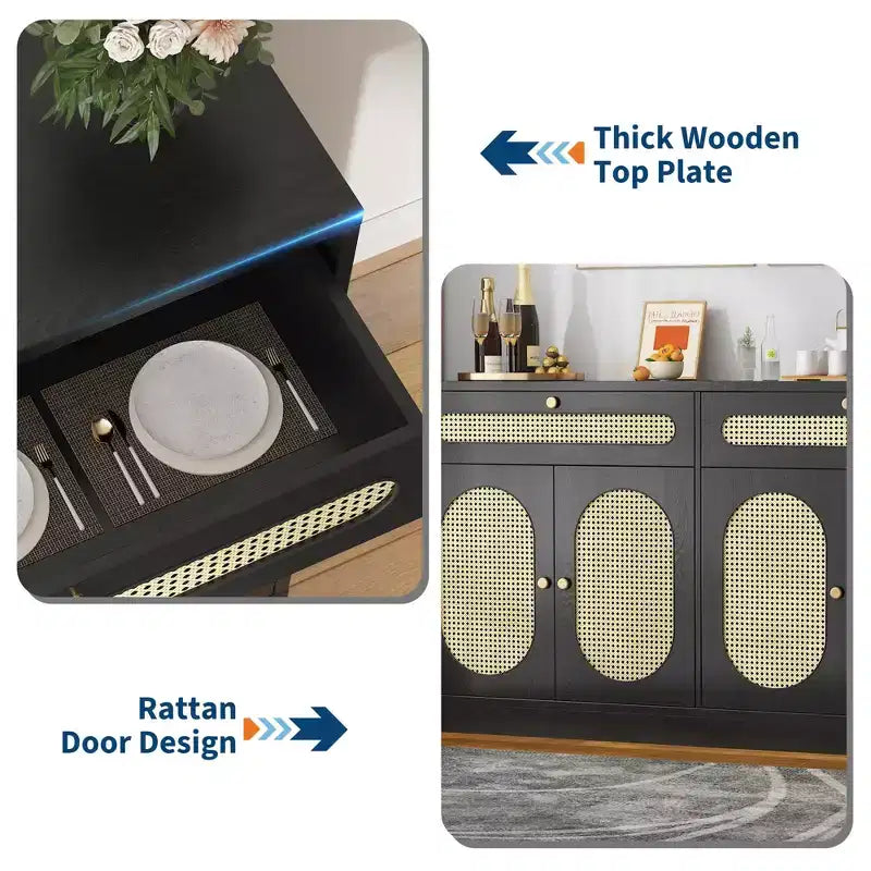 Buffet de 152 cm en rotin avec 2 tiroirs, 4 portes en rotin et étagères réglables
